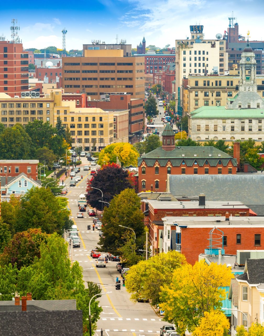 Aerial view of downtown Portland, Maine along Congress street