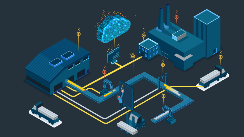 Steel manufacturing company illustration showing steel mill machines connected to computer