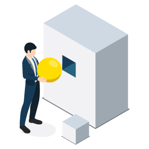 Business man holding sphere trying to fit it into a square hole