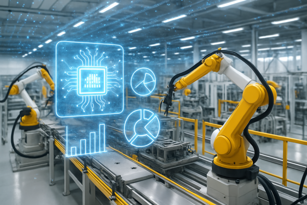 Yellow robotic arms operate along an automated assembly line in a modern factory, with glowing blue AI and data visualization graphics overlaid.