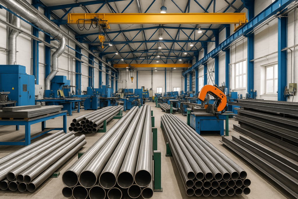 Interior of a metal manufacturing factory with machinery and workers on the production floor.