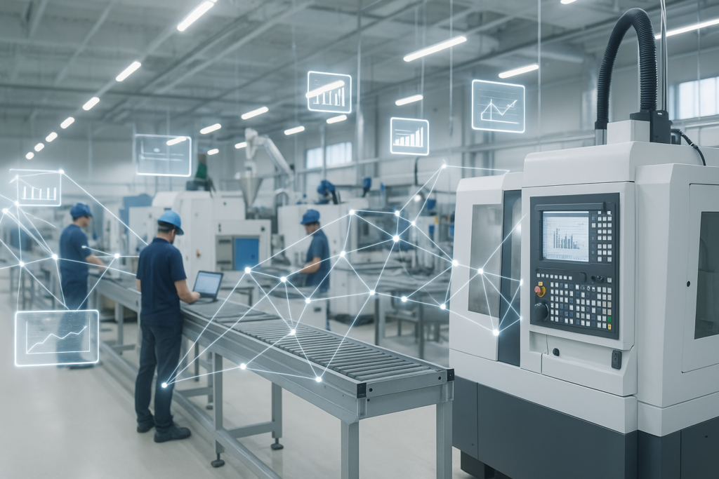 Modern factory floor with bright, clean lighting, showing people in the background working on machines. Subtle digital data visualizations float in the air, illustrating real-time connectivity between workers, equipment, and systems.