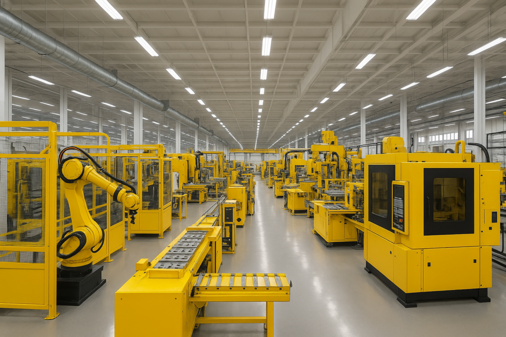 A factory filled with yellow machinery ready for manufacturing to begin.