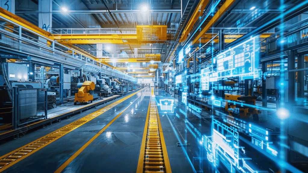 Smart factory with Real-Time Process Optimization technology displaying live production data across automated manufacturing lines.