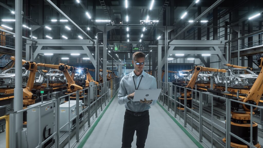 Engineer monitoring real-time process optimization in an automated manufacturing facility with robotic production lines