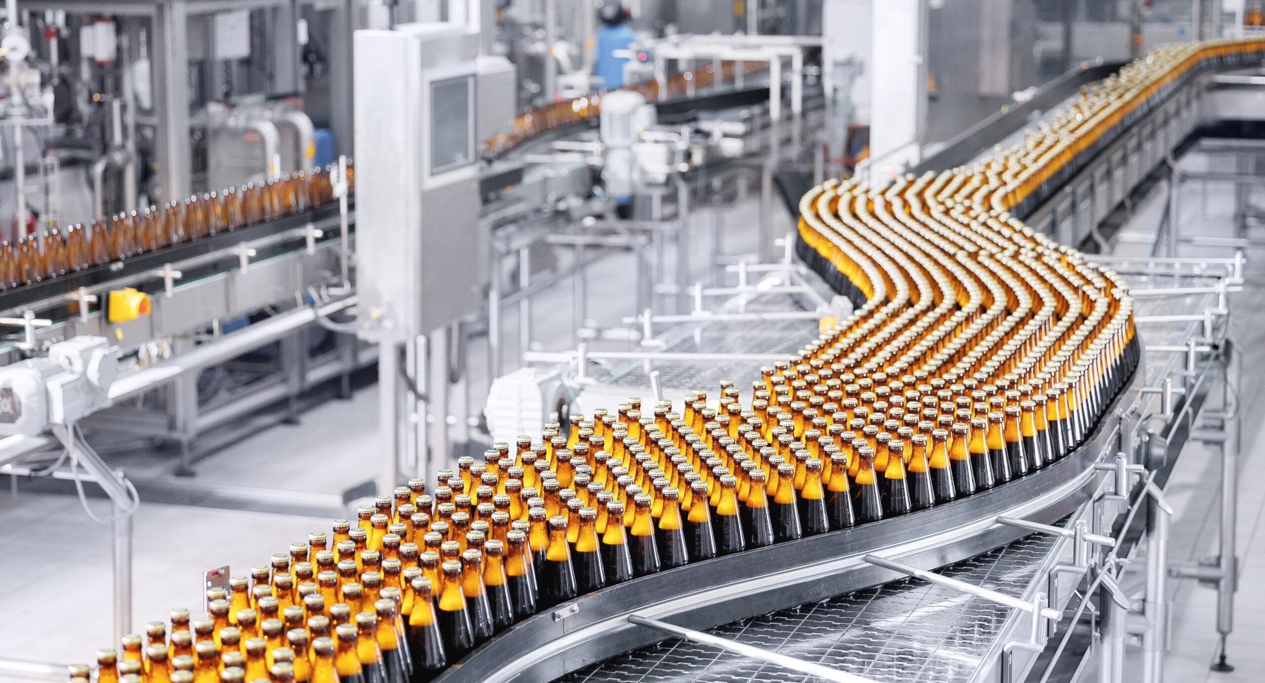 Bottles move through a high-speed beverage production line on stainless steel conveyor systems inside a modern food and beverage manufacturing facility.